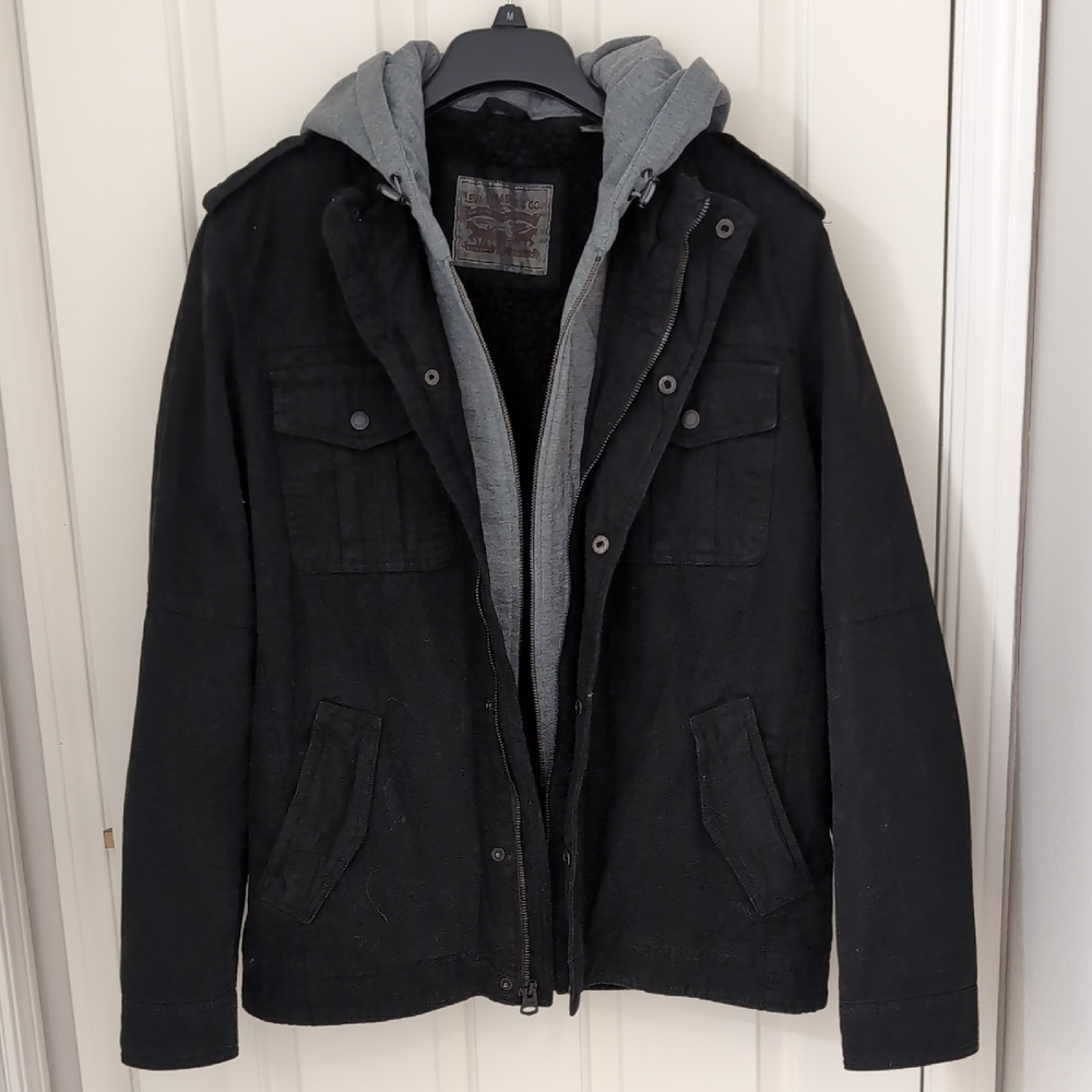 Levi Black Military Jacket With Hood - Mens Medium